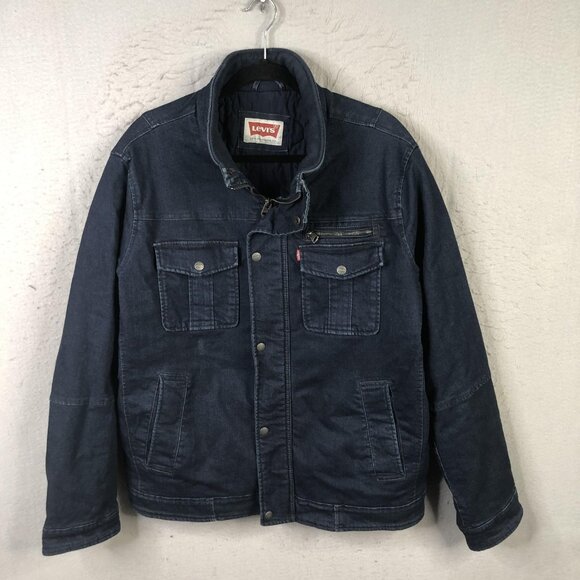 Levi's Jacket Mens Large Blue Denim Quilted Lined Zip Snap Front Stand Collar - Picture 1 of 16